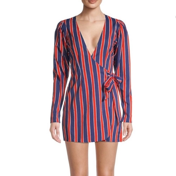 WeWoreWhat Blanca Wrap Dress Size Small Navy Blue Red Stripe Long Sleeve Summer - Picture 1 of 16